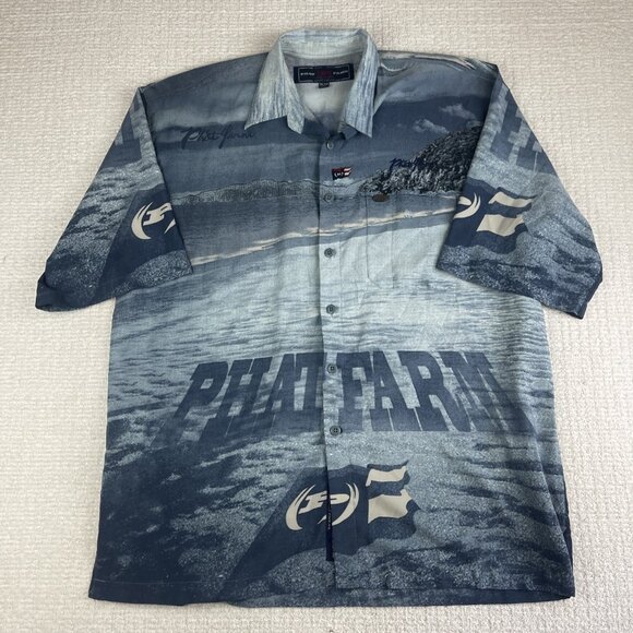 Vintage Phat Farm AOP Sea Coast Line Button Shirt Mens 2XL Streetwear Blue Y2K - Picture 1 of 16